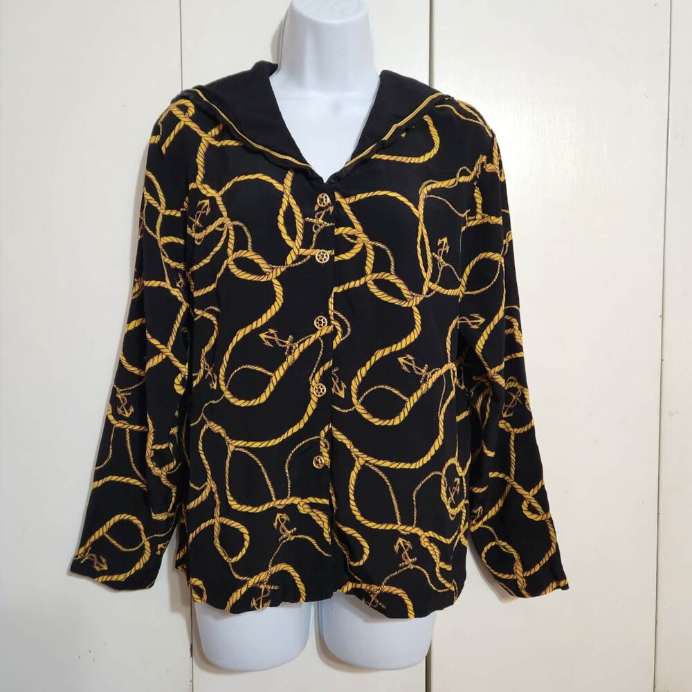 VTG Carole Little Sailor Collar Top Blouse Nautical Rope Anchor Gold Buttons L